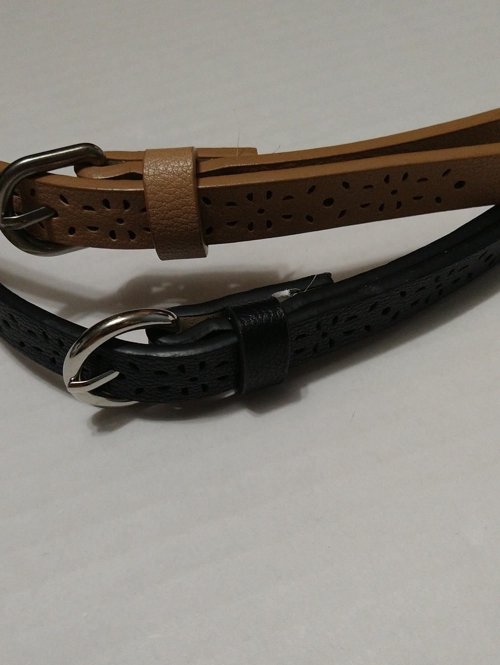 Women's Perforated Tan & Black 2 Narrow Belts - Classic Casual Size M/L